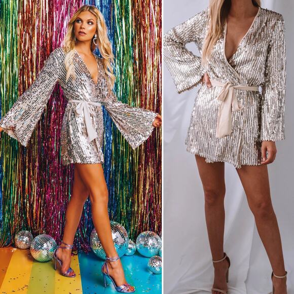 Show Me Your MuMu Dresses & Skirts - Show Me Your Mumu Giselle Kimono Wrap Silver Sequin Party Mini Dress Small